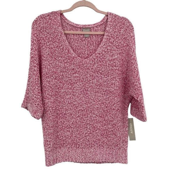 Chico's Pullover V-neck Tape Yarn 3/4 Sleeve Sweater Summer Berry Small/4 - Picture 1 of 10